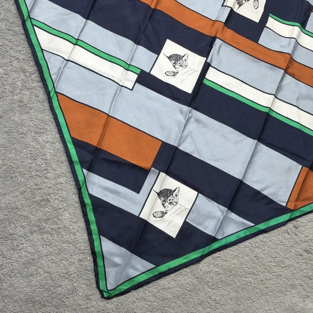 VTG Chessie Navy Blue Sleeping Kitty Silk Scarf Cat 26x26